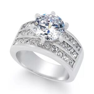 Charter Club Crystal Triple-Row Ring Silver Plate Size 8 | NWT
